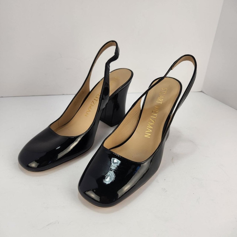 Stuart Weitzman Women's Size 7B Black Patent Leather Slingback Block Heel Pumps